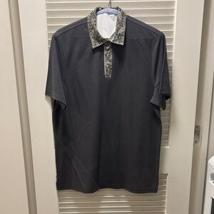 Men's Black Polo Shirt with Patterned Collar